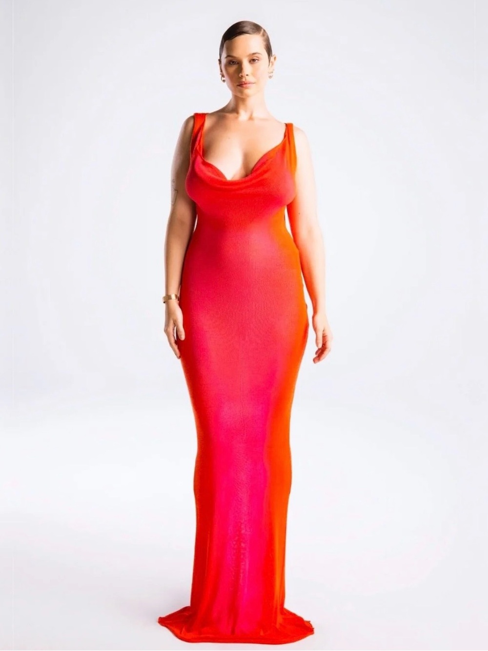 Hanifa Red-Orange Cowl Neck Maxi Dress